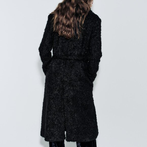 ZARA ZW COLLECTION BLACK MANTECO WOOL BOUCLE COAT WITH BELT SIZE M - Picture 4 of 12